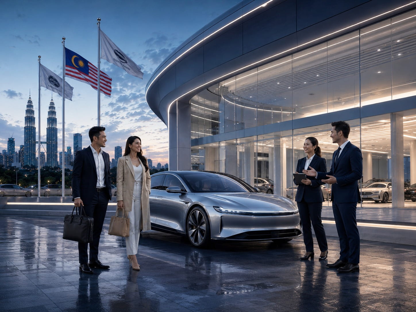 Rental advisors and customers in front of modern showroom