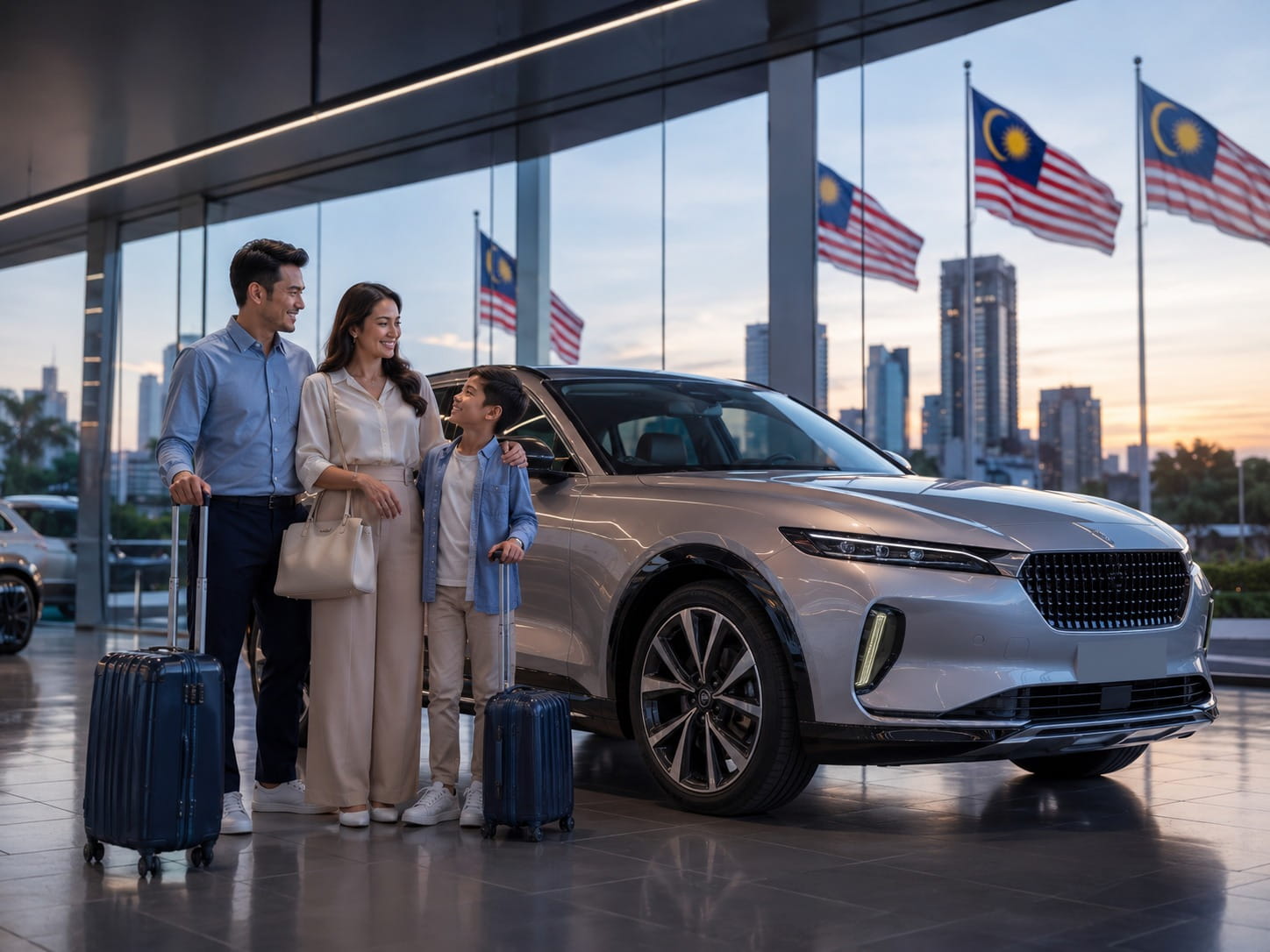 Family near luxury SUV in showroom with Malaysian flags