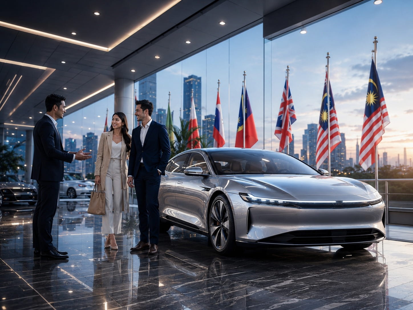 Premium car showroom with customers and Malaysian flags